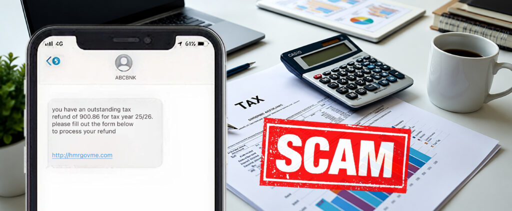 An image of a calculator, on top of tax papers, with a fraudulent SMS inset.g