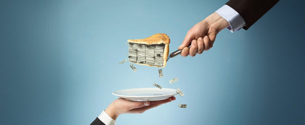 A hand giving a pie slice full of money